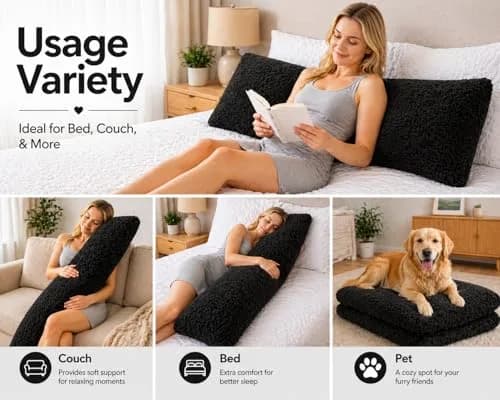 Reafort Sherpa Body Pillow Cover 21"x54" | Zipper Closure, Ultra Soft Plush Feel, Black thumbnail 5