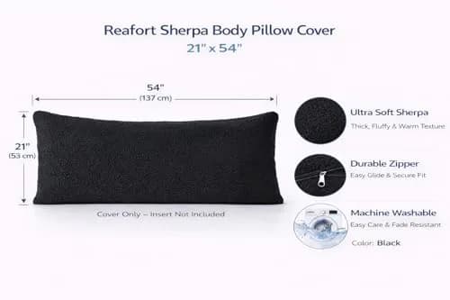 Reafort Sherpa Body Pillow Cover 21"x54" | Zipper Closure, Ultra Soft Plush Feel, Black thumbnail 2
