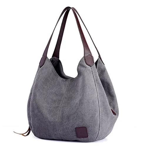 DOURR Canvas Multi-pocket Hobo Bag for Women, Gray, Medium Size | Durable & Lightweight thumbnail 1