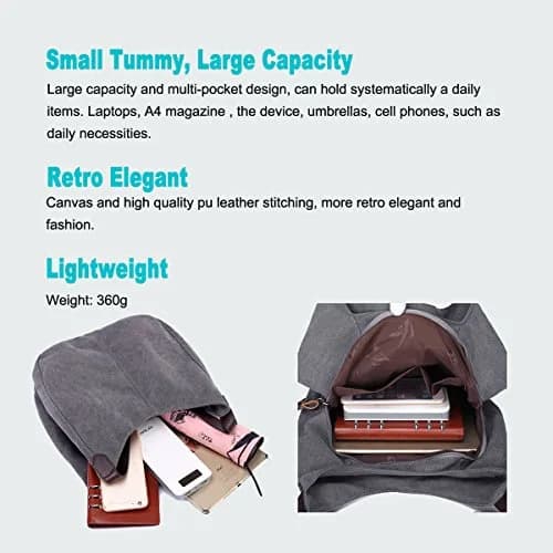 DOURR Canvas Multi-pocket Hobo Bag for Women, Gray, Medium Size | Durable & Lightweight thumbnail 4