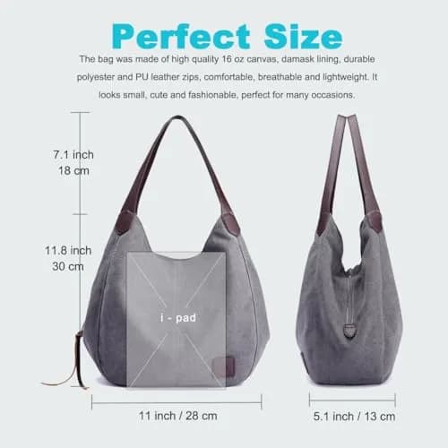 DOURR Canvas Multi-pocket Hobo Bag for Women, Gray, Medium Size | Durable & Lightweight thumbnail 5