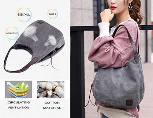 DOURR Canvas Multi-pocket Hobo Bag for Women, Gray, Medium Size | Durable & Lightweight thumbnail 7