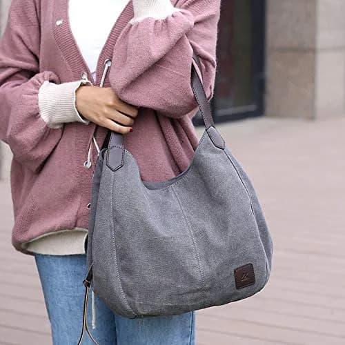 DOURR Canvas Multi-pocket Hobo Bag for Women, Gray, Medium Size | Durable & Lightweight thumbnail 2