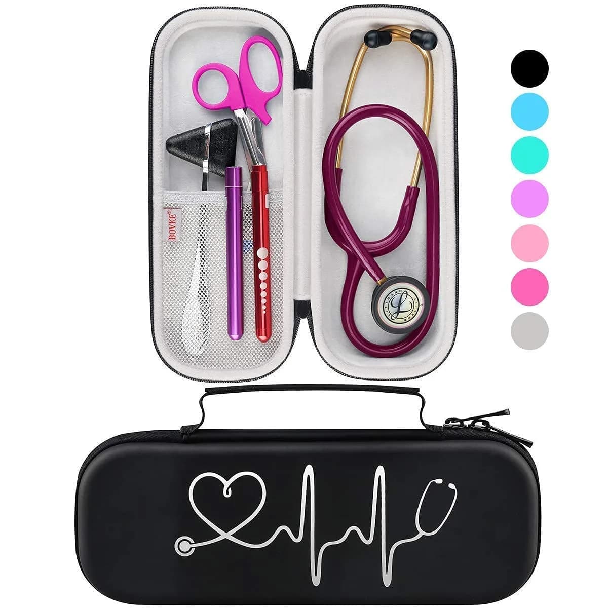 BOVKE Stethoscope Case for 3M Littmann Classic III, Lightweight II S.E, MDF Acoustica Deluxe, Black | Extra Room for Accessories