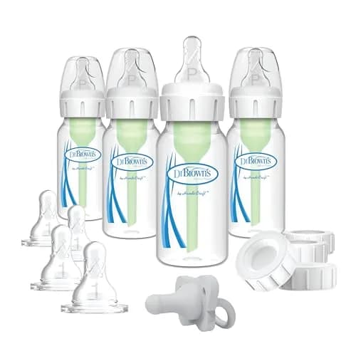 Dr. Brown's Anti-Colic Baby Feeding Set with Slow Flow Nipples, Travel Caps, Silicone Pacifier - Pink | 120ml (4 Fl Oz) Bottles — Clear