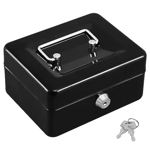KYODOLED Small Cash Box with Key Lock, Metal Storage Box, Portable Handle, 150x120x80mm, Black thumbnail 1