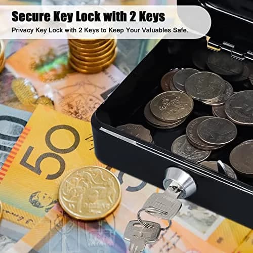 KYODOLED Small Cash Box with Key Lock, Metal Storage Box, Portable Handle, 150x120x80mm, Black thumbnail 4