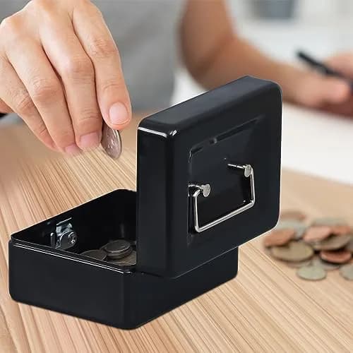 KYODOLED Small Cash Box with Key Lock, Metal Storage Box, Portable Handle, 150x120x80mm, Black thumbnail 7