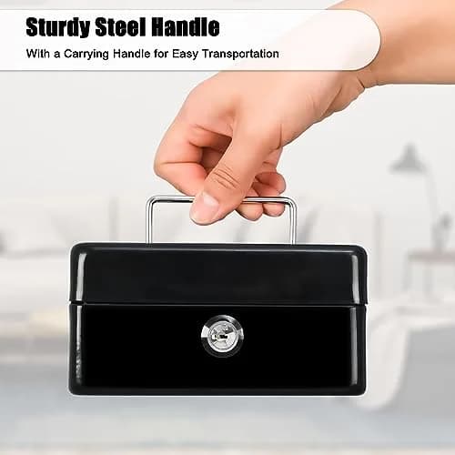 KYODOLED Small Cash Box with Key Lock, Metal Storage Box, Portable Handle, 150x120x80mm, Black thumbnail 3
