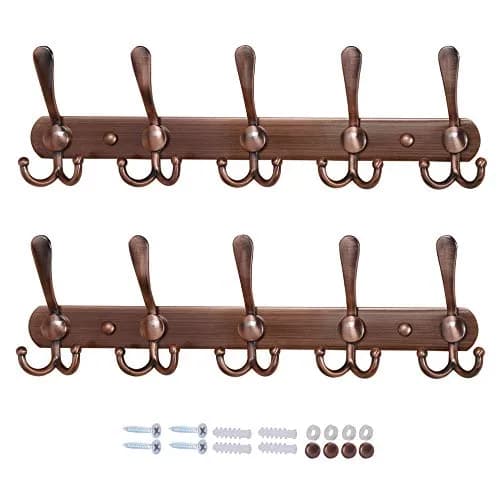 Dseap Wall Mounted Coat Rack - 5 Tri Hooks, Heavy Duty, Stainless Steel, Metal Coat Hook Rail for Coat Hat Towel Purse Robes Mudroom Bathroom Entryway (Antique Copper, 2 Packs) thumbnail 1