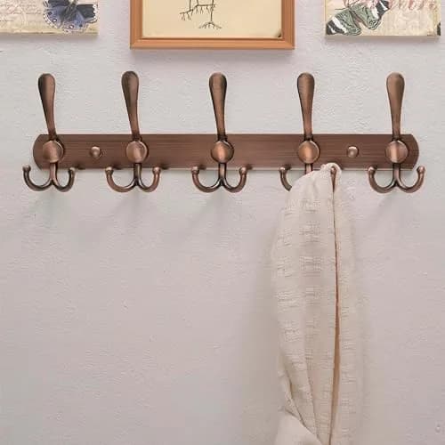 Dseap Wall Mounted Coat Rack - 5 Tri Hooks, Heavy Duty, Stainless Steel, Metal Coat Hook Rail for Coat Hat Towel Purse Robes Mudroom Bathroom Entryway (Antique Copper, 2 Packs) thumbnail 9