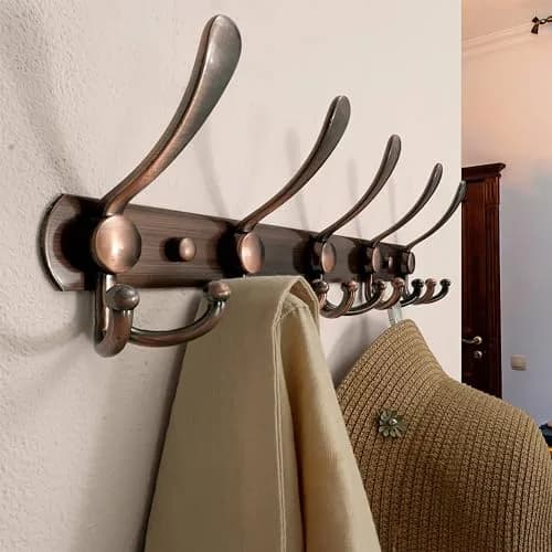 Dseap Wall Mounted Coat Rack - 5 Tri Hooks, Heavy Duty, Stainless Steel, Metal Coat Hook Rail for Coat Hat Towel Purse Robes Mudroom Bathroom Entryway (Antique Copper, 2 Packs) thumbnail 3