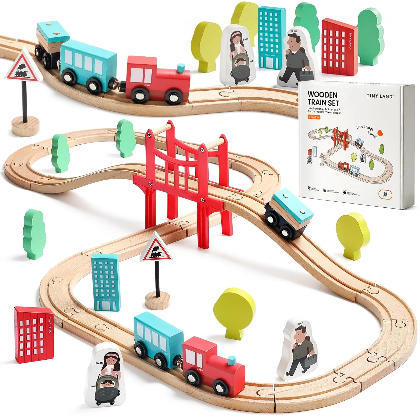 Tiny Land 39 Pcs Wooden Train Set for Toddler Ages 3+ | Expandable, Compatible with Major Brands