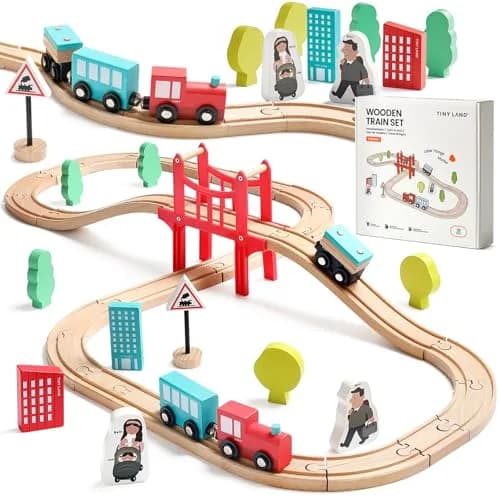 Tiny Land 39 Pcs Wooden Train Set for Toddler Ages 3+ | Expandable, Compatible with Major Brands thumbnail 1