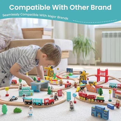 Tiny Land 39 Pcs Wooden Train Set for Toddler Ages 3+ | Expandable, Compatible with Major Brands thumbnail 4