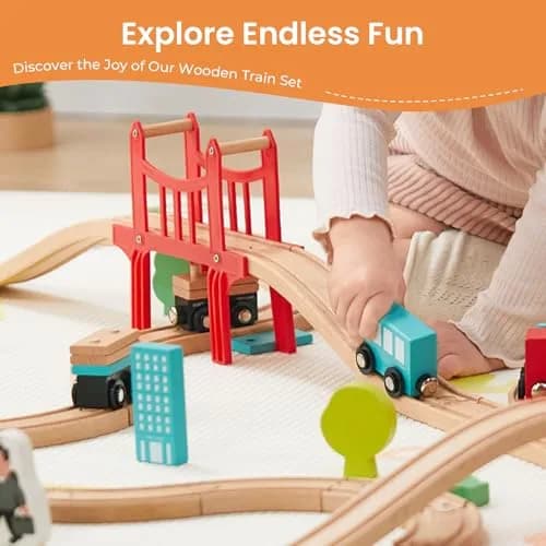 Tiny Land 39 Pcs Wooden Train Set for Toddler Ages 3+ | Expandable, Compatible with Major Brands thumbnail 2