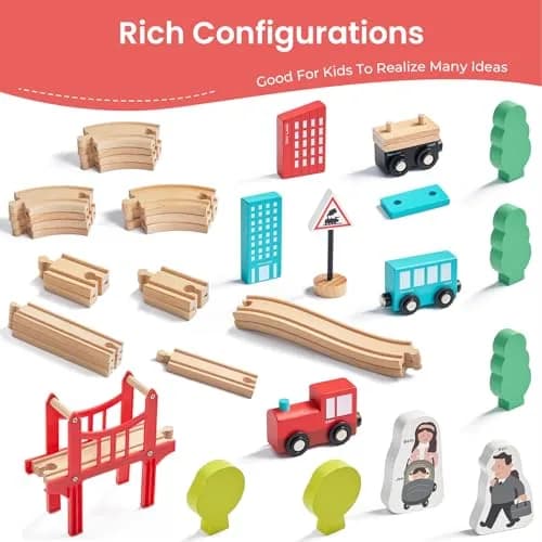 Tiny Land 39 Pcs Wooden Train Set for Toddler Ages 3+ | Expandable, Compatible with Major Brands thumbnail 3