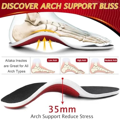 Ailaka High Arch Support Shoe Insoles for Flat Feet - Orthotic Inserts for Men & Women, Plantar Fasciitis Relief (2.5cm Arch, Black, Unisex Size 4.5-9 W / 3-7.5 M) thumbnail 2