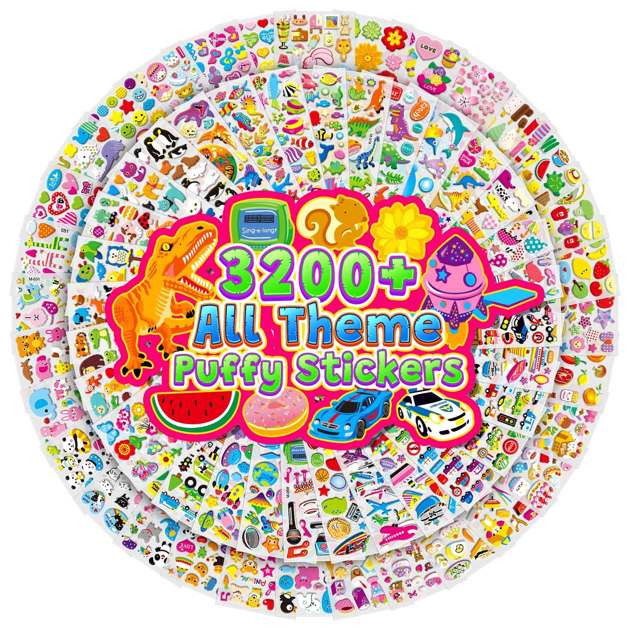 Sinceroduct 3200+ Puffy Stickers for Toddlers & Kids | 64 Sheets, Multicolored 3D Foam Animal & Letter Designs — 3200-N0.1
