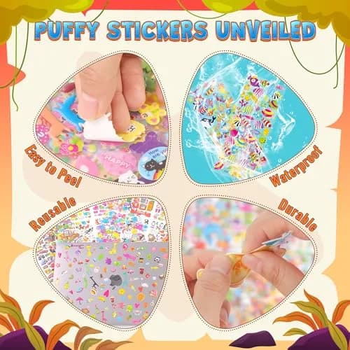 Sinceroduct 3200+ Puffy Stickers for Toddlers & Kids | 64 Sheets, Multicolored 3D Foam Animal & Letter Designs thumbnail 5