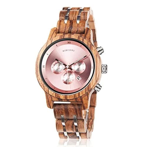 BOBO BIRD Women Wooden Watch Pink | Luxury Zebra Wood Casual & Business (40mm) thumbnail 1