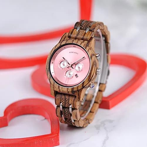 BOBO BIRD Women Wooden Watch Pink | Luxury Zebra Wood Casual & Business (40mm) thumbnail 8