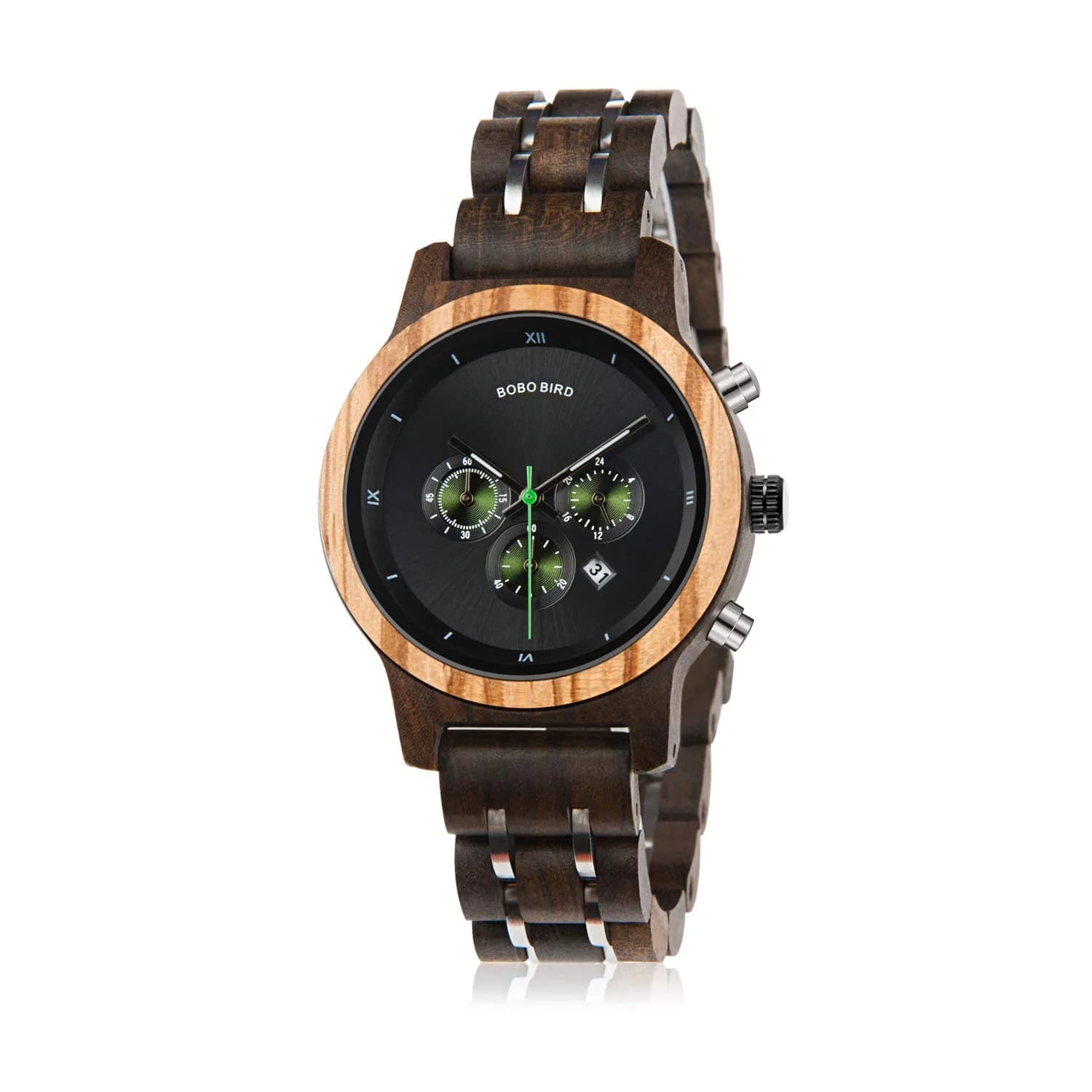 BOBO BIRD Women Wooden Watch 40mm Zebra Wood Quartz Elegant Lightweight — Black-green