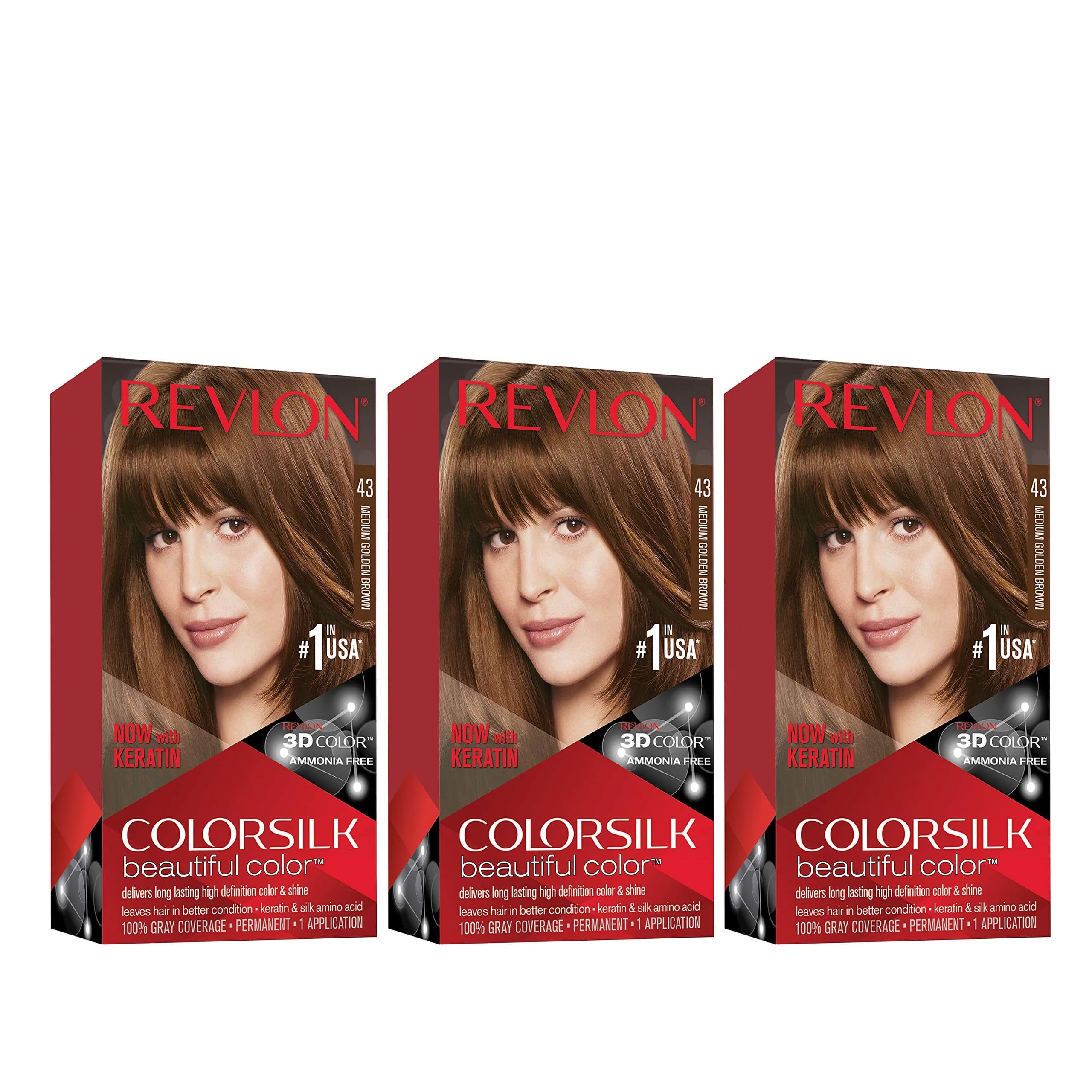 Revlon Colorsilk Permanent Hair Color 43 Medium Golden Brown 156ml (5.5 Oz) 3-Pack | Ammonia-Free Gray Coverage - main product image