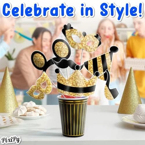 PixiPy Decorative Cutout Photo Booth Props Kit, 16 Black & Gold | Durable & Easy-to-Use Party Signs for Memorable Photos thumbnail 7