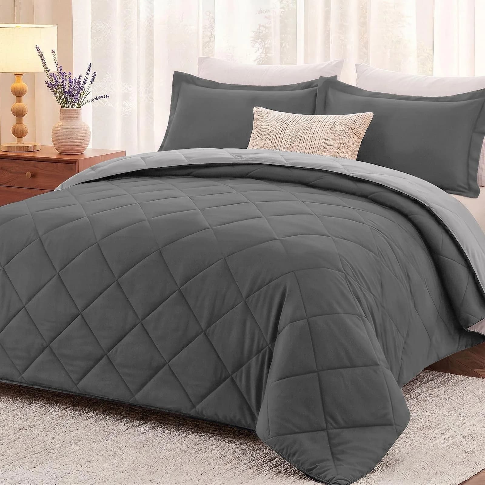 downluxe Twin Comforter Set Soft Reversible 2 Pieces | All-Season Cozy Bedding — Charcol/Grey / King | 3-Piece