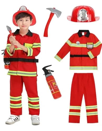 yolsun Kids Fireman Costume Set Halloween Role Play Dress Up Red 4-5Y | Authentic Firefighter Style for Boys thumbnail 1