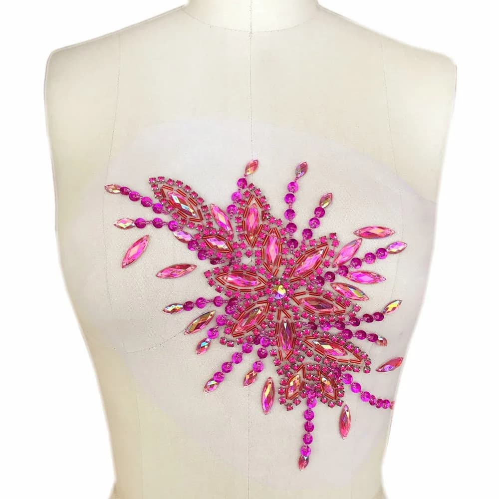 succi shan Pink Fabric Applique Patch 16x28cm | Beaded Embroidered Floral Sew-on Rhinestones - main product image