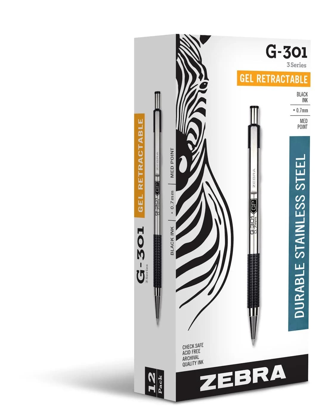 Zebra Pen STEEL G-301 Retractable Gel Pen 0.7mm Medium Point 12-Pack | Smooth Ink Flow - main product image