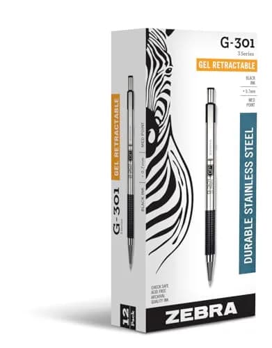 Zebra Pen STEEL G-301 Retractable Gel Pen 0.7mm Medium Point 12-Pack | Smooth Ink Flow thumbnail 1