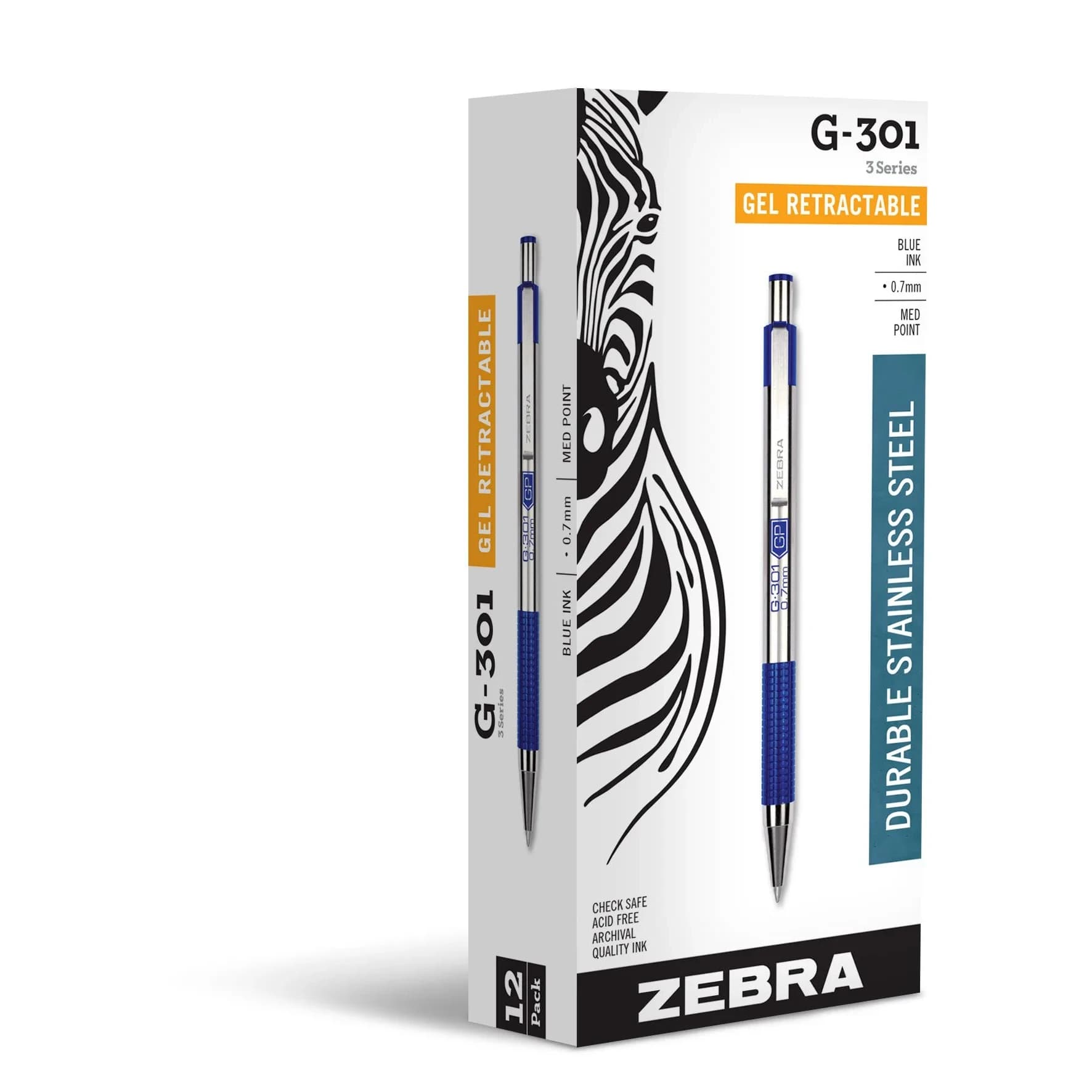 Zebra Pen STEEL G-301 Retractable Gel Pen, Blue Ink, 0.7mm, 12-Pack | Smooth Ink Flow — 12-Pack