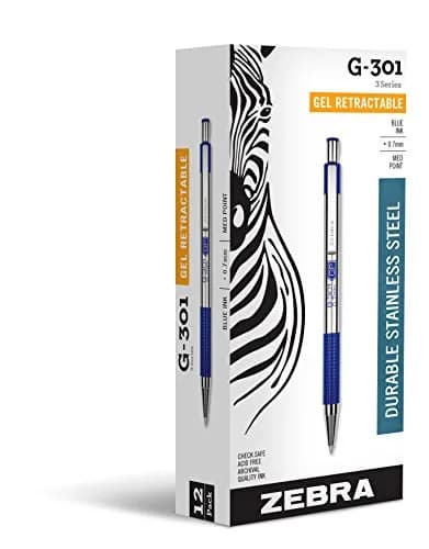 Zebra Pen STEEL G-301 Retractable Gel Pen, Blue Ink, 0.7mm, 12-Pack | Smooth Ink Flow thumbnail 1