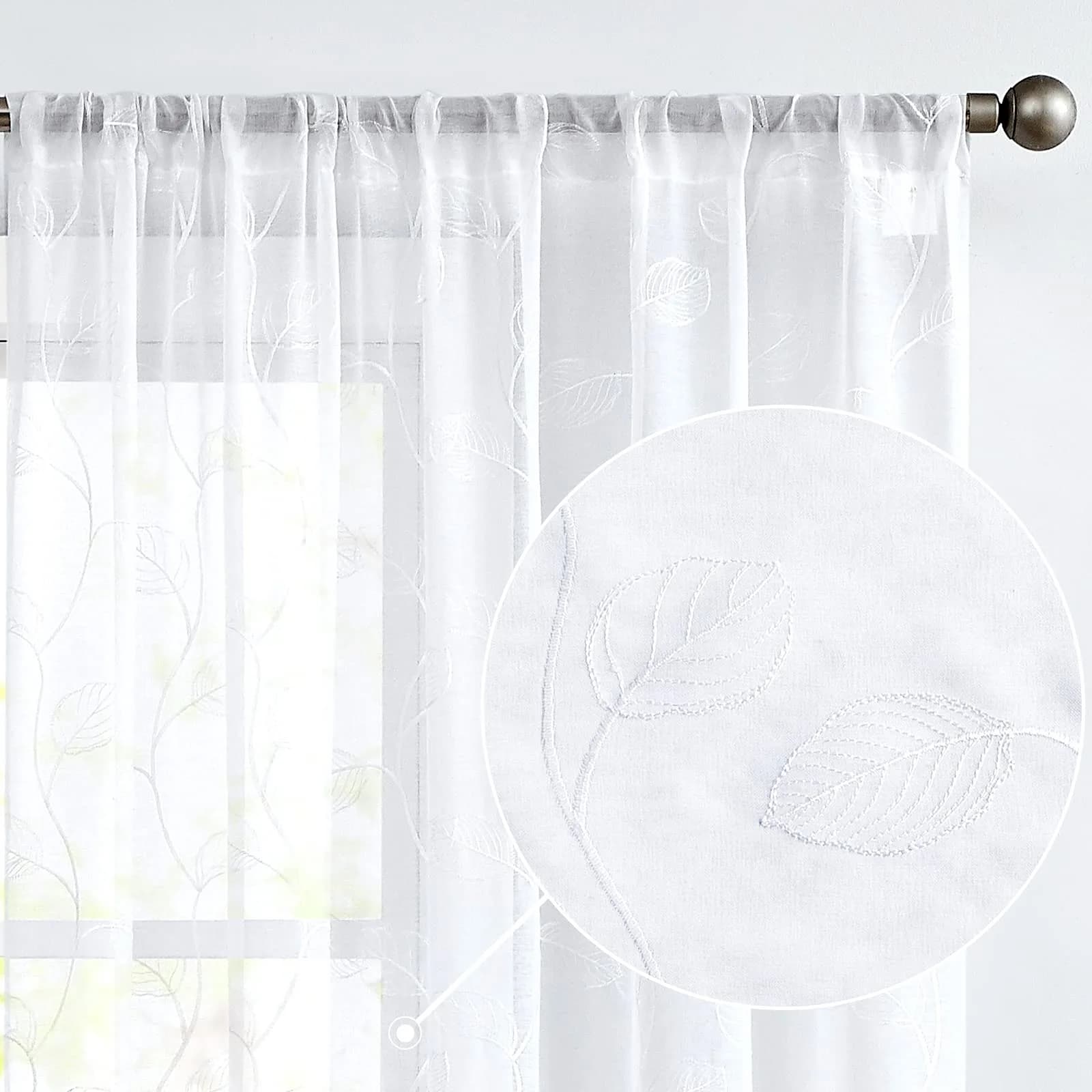 Lazzzy White Sheer Curtains Leaf Embroidered 54 Inch | Elegant Modern Window Drapes