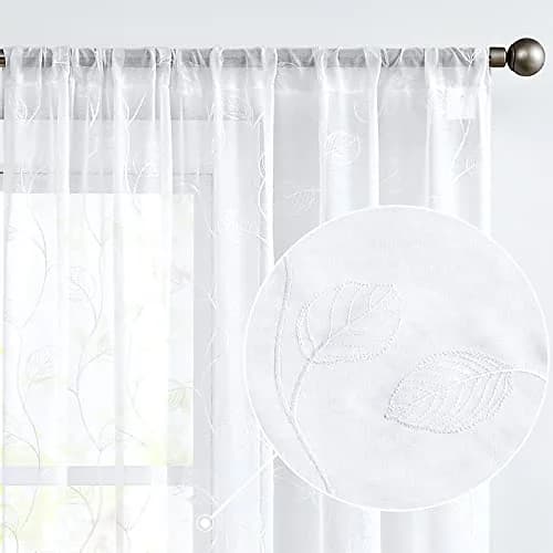 Lazzzy White Sheer Curtains Leaf Embroidered 54 Inch | Elegant Modern Window Drapes thumbnail 1