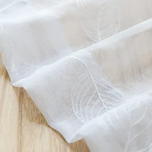 Lazzzy White Sheer Curtains Leaf Embroidered 54 Inch | Elegant Modern Window Drapes thumbnail 4