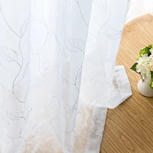 Lazzzy White Sheer Curtains Leaf Embroidered 54 Inch | Elegant Modern Window Drapes thumbnail 5
