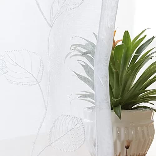 Lazzzy White Sheer Curtains Leaf Embroidered 54 Inch | Elegant Modern Window Drapes thumbnail 6