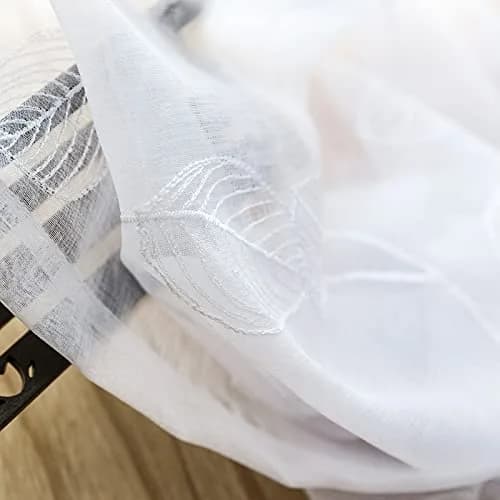 Lazzzy White Sheer Curtains Leaf Embroidered 54 Inch | Elegant Modern Window Drapes thumbnail 7
