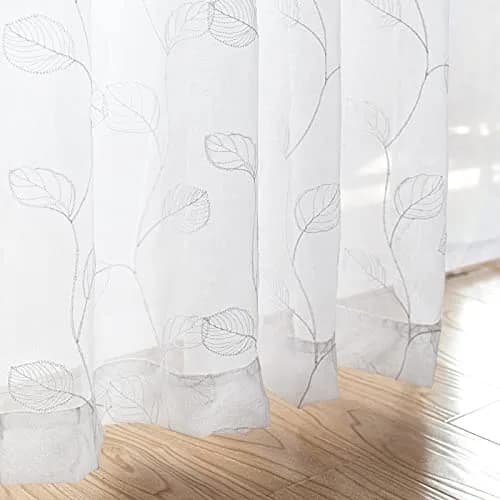 Lazzzy White Sheer Curtains Leaf Embroidered 54 Inch | Elegant Modern Window Drapes thumbnail 2