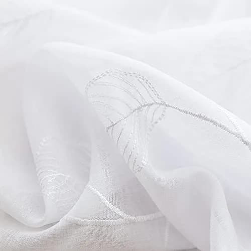 Lazzzy White Sheer Curtains Leaf Embroidered 54 Inch | Elegant Modern Window Drapes thumbnail 3