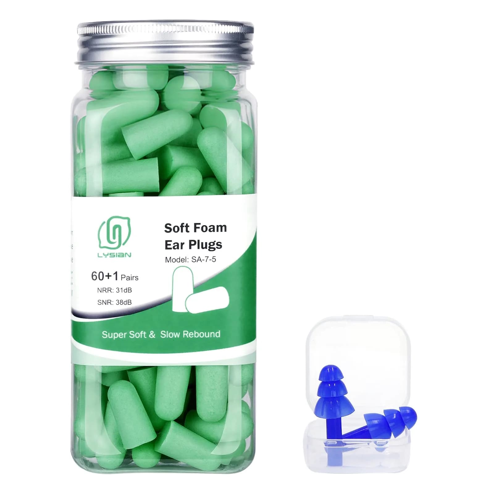 LYSIAN Soft Foam Ear Plugs for Sleeping 60 Pairs | 38dB Noise Reduction, Green