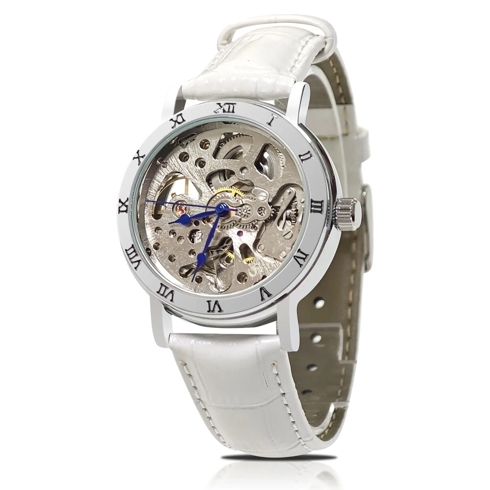 Gute Automatic Skeleton Watch Women Leather Mechanical Stainless | Steampunk Style, 36mm, Water-Resistant — white