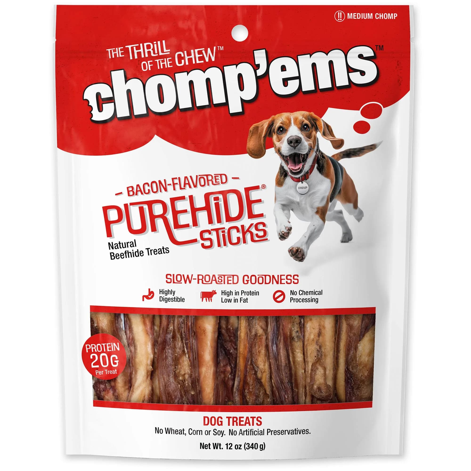 CHOMP 'EMS Bacon Flavored Purehide Sticks 12 oz | Natural Beefhide Dog Chews for All Sizes