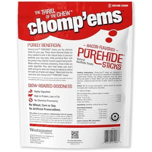 CHOMP 'EMS Bacon Flavored Purehide Sticks 12 oz | Natural Beefhide Dog Chews for All Sizes thumbnail 9