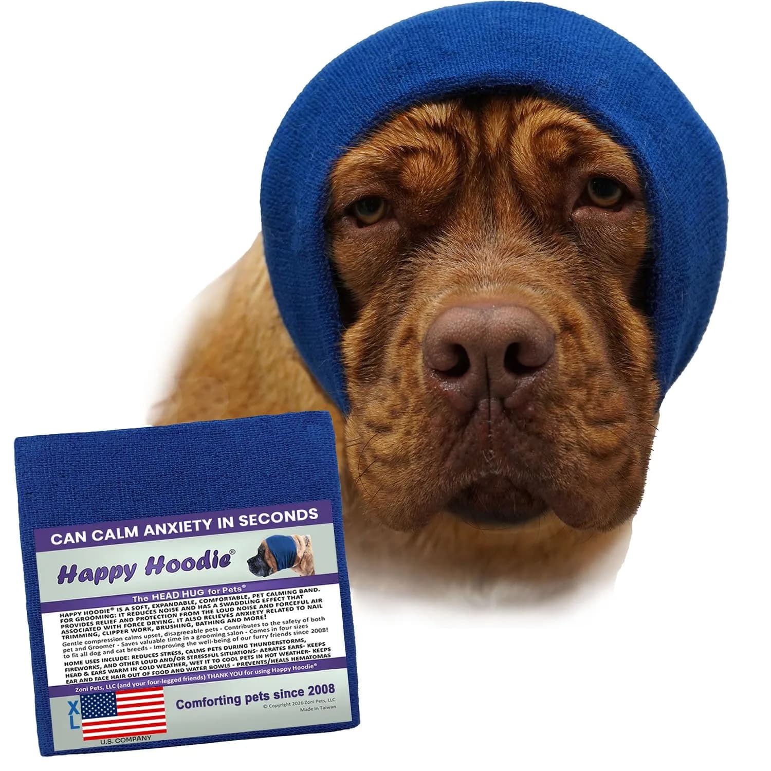 Zoni Pets Happy Hoodie Original Dog & Cat Calming Band, Purple, 13-18” Head Girth | Noise & Anxiety Relief for Grooming, Thunder, Fireworks — Blue / X-Large