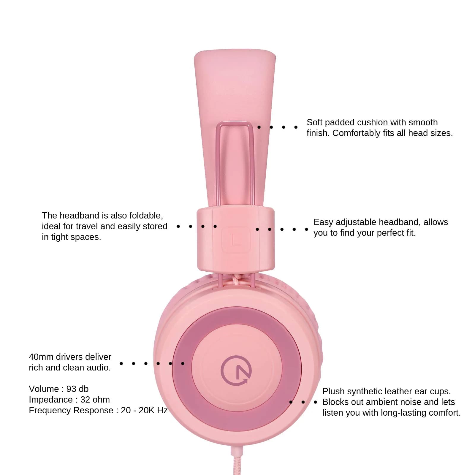 Noot Products K11 Kids Headphones Wired 3.5mm Jack Soft Pink | Tangle-Free, Adjustable & Foldable thumbnail 3